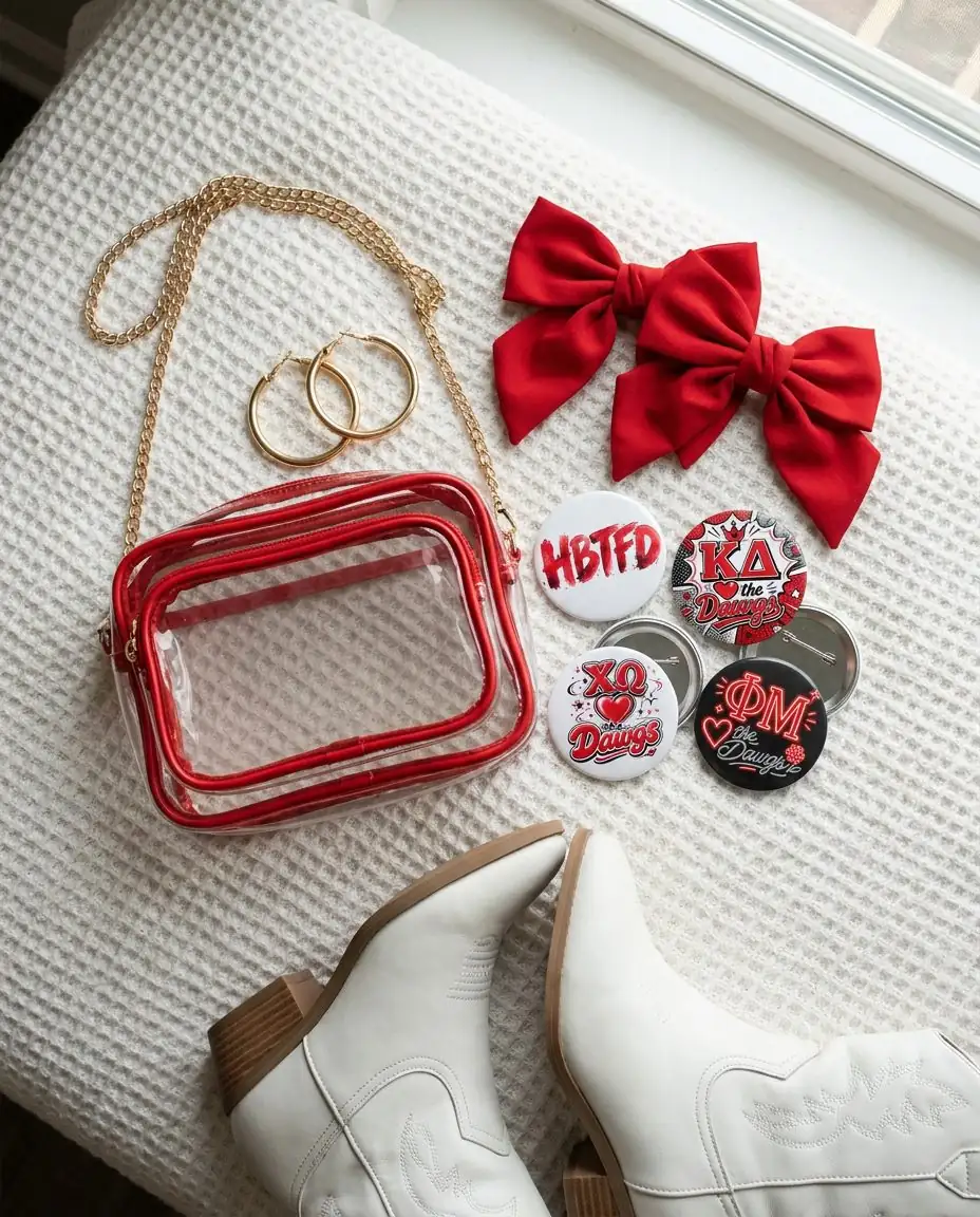 Game day flatlay: four sorority buttons, a clear bag, red bows and white boots