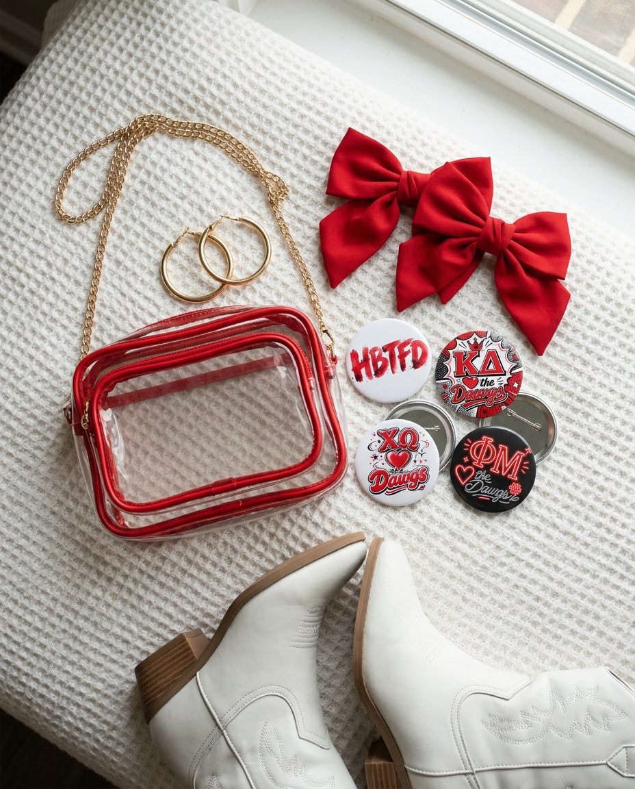 Game day flatlay: four sorority buttons, a clear bag, red bows and white boots